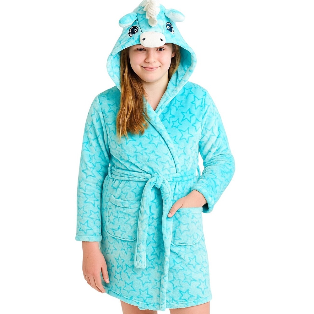 Jellifish Kids Girls XL 14/16 Blue Unicorn Hooded Plush Star‎ Bath Robe Cozy